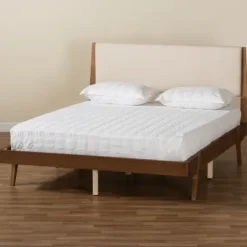 Beds & Headboards-Kirkland's Home Tan Upholstered Brown Wood Queen Platform Bed