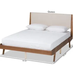 Beds & Headboards-Kirkland's Home Tan Upholstered Brown Wood Queen Platform Bed