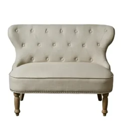 Sofas & Loveseats-Kirkland's Home Taupe Button Tufted Nailhead Trim Settee Tan