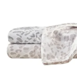 Bed Sheets-Kirkland's Home Taupe Leopard Print Satin 4-Pc. Full Sheet Set White/Tan
