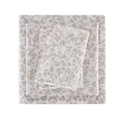 Bed Sheets-Kirkland's Home Taupe Leopard Print Satin 4-Pc. Queen Sheet Set White/Tan