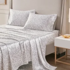 Bed Sheets-Kirkland's Home Taupe Leopard Print Satin 3-Pc. Twin Sheet Set White/Tan