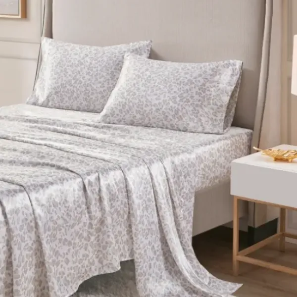 Bed Sheets-Kirkland's Home Taupe Leopard Print Satin 3-Pc. Twin Sheet Set White/Tan