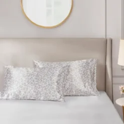 Bed Sheets-Kirkland's Home Taupe Leopard Satin Standard 2-Pc. Pillow Case Set White/Tan