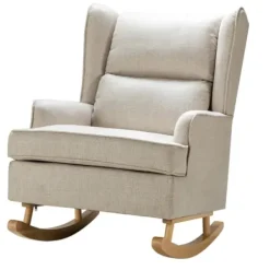Accent Chairs-Kirkland's Home Taupe Upholstered Natural Base Wingback Rocker Tan