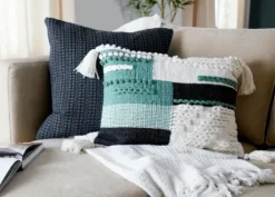 Pillows-Kirkland's Home Teal Braided Color Block Lumbar Pillow Blue/White/Black