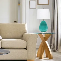 Table Lamps-Kirkland's Home Teal Glass Pleated Table Lamp White
