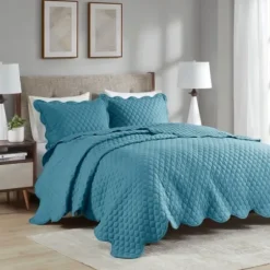 Quilts-Kirkland's Home Teal Scalloped Crinkle 3-Pc. Cali King Quilt Set Blue