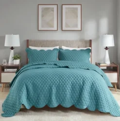 Quilts-Kirkland's Home Teal Scalloped Crinkle 3-Pc. Cali King Quilt Set Blue