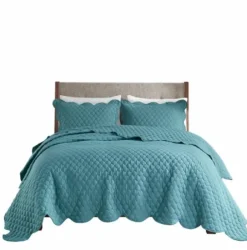 Quilts-Kirkland's Home Teal Scalloped Crinkle 3-Pc. Full/Queen Quilt Set Blue