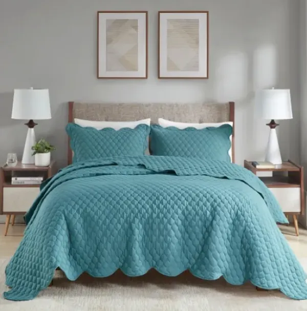 Quilts-Kirkland's Home Teal Scalloped Crinkle 3-Pc. Full/Queen Quilt Set Blue