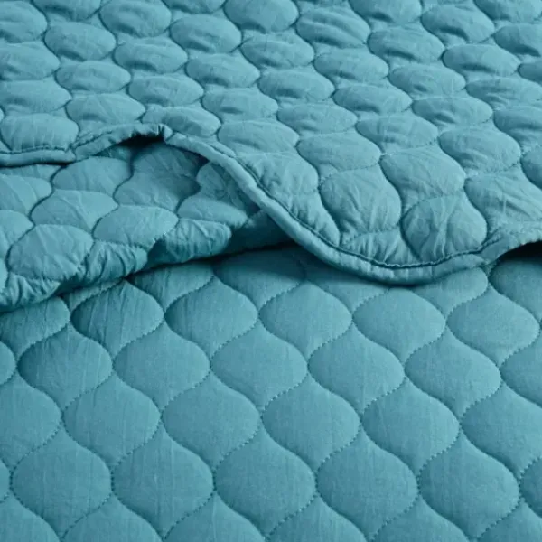 Quilts-Kirkland's Home Teal Scalloped Crinkle 3-Pc. Full/Queen Quilt Set Blue