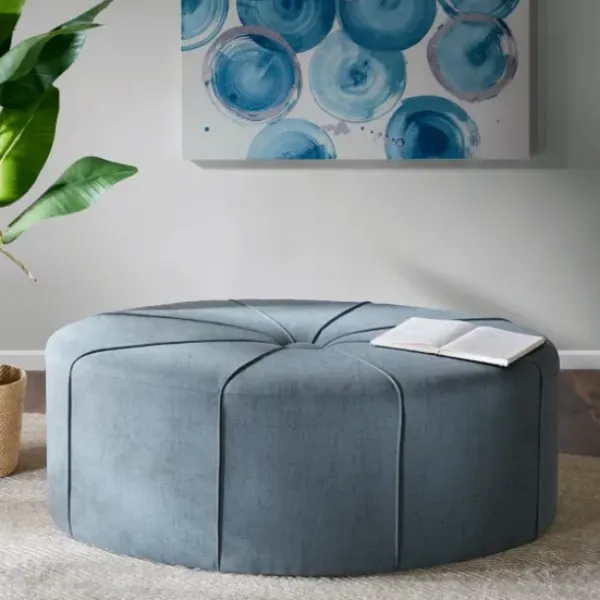 Benches & Ottomans-Kirkland's Home Thick Welting Center Button Oval Ottoman Blue