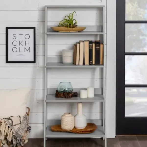 Office Furniture-Kirkland's Home 4-Tier Ladder Bookshelf Gray
