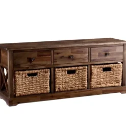 Entryway Furniture-Kirkland's Home Tommy Wood And Woven Baskets Storage Bench Brown