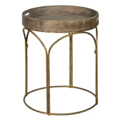 Accent & End Tables-Kirkland's Home Tray Top Wood And Gold Metal Accent Table Tan/Gold