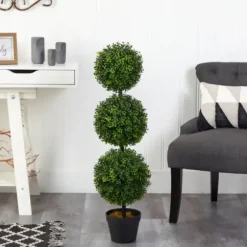 Trees & Topiaries-Kirkland's Home Triple-Ball Boxwood Topiary In Black Planter