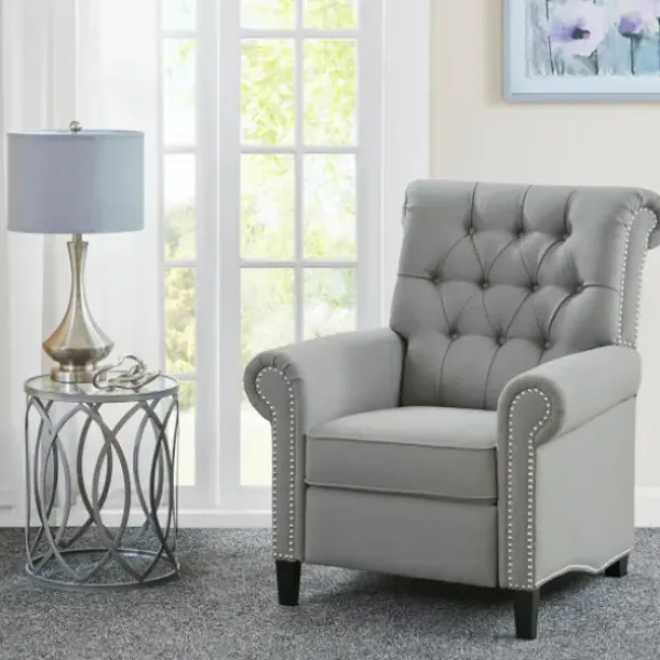 Accent Chairs-Kirkland's Home Tufted Back Nailhead Trim Recliner Armchair Gray