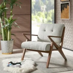 Accent Chairs-Kirkland's Home Tufted Pecan Wood Mid-Century Modern Armchair Gray