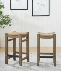 Bar Stools & Counter Height Stools-Kirkland's Home Twisted Seagrass And Wood Counter Stools, Set Of 2 Tan
