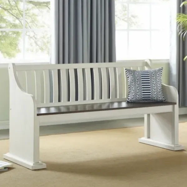 Entryway Furniture-Kirkland's Home Two-Tone Dark Oak And Ivory High Back Wooden Bench White