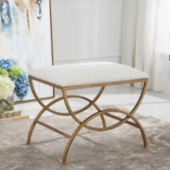 Benches & Ottomans-Kirkland's Home Upholstered Gold Metal Arched Frame Bench White