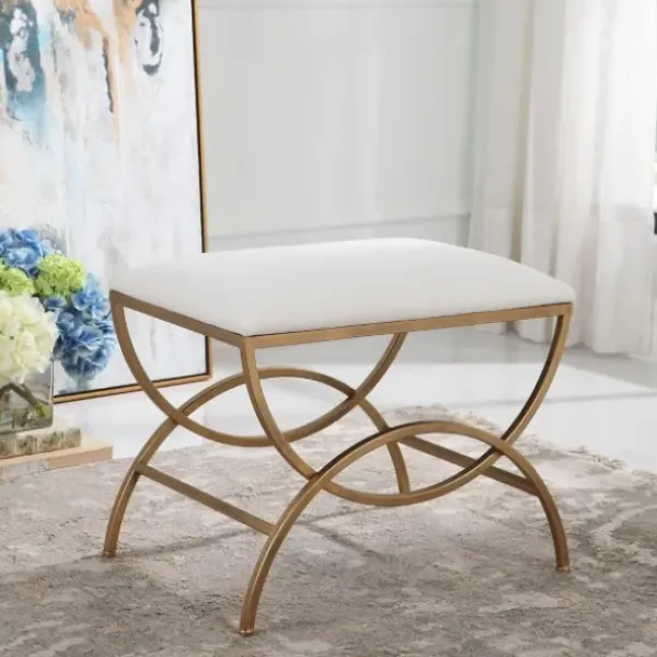 Benches & Ottomans-Kirkland's Home Upholstered Gold Metal Arched Frame Bench White