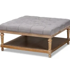 Benches & Ottomans-Kirkland's Home Upholstered Linen Tufted Ottoman With Shelf Gray