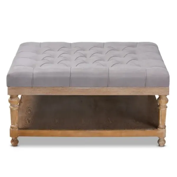 Benches & Ottomans-Kirkland's Home Upholstered Linen Tufted Ottoman With Shelf Gray