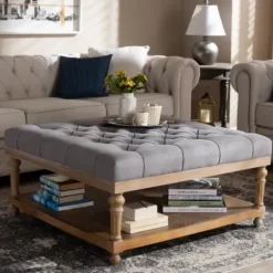 Benches & Ottomans-Kirkland's Home Upholstered Linen Tufted Ottoman With Shelf Gray