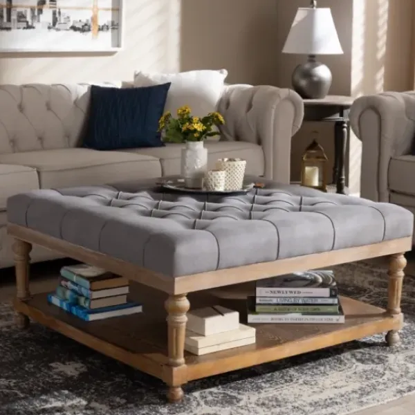 Benches & Ottomans-Kirkland's Home Upholstered Linen Tufted Ottoman With Shelf Gray