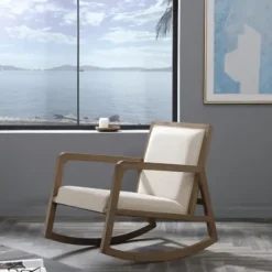 Accent Chairs-Kirkland's Home Upholstered Linen Wood Rocker Accent Chair Ivory