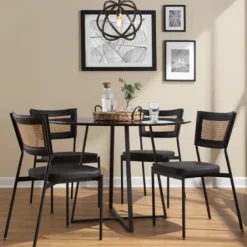 Dining Chairs-Kirkland's Home Vegan Leather And Rattan Dining Chairs, Set Of 2 Black/Tan