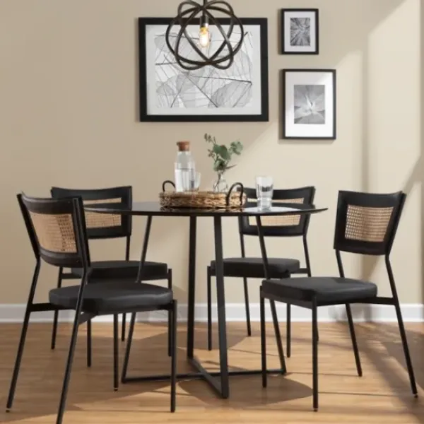 Dining Chairs-Kirkland's Home Vegan Leather And Rattan Dining Chairs, Set Of 2 Black/Tan