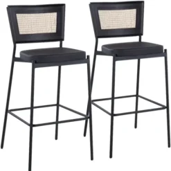 Bar Stools & Counter Height Stools-Kirkland's Home Vegan Leather And Rattan Bar Stools, Set Of 2 Black/Tan