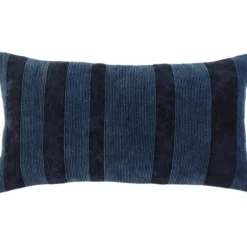 Pillows-Kirkland's Home Velvet Navy Monochrome Stripe Lumbar Pillow Blue