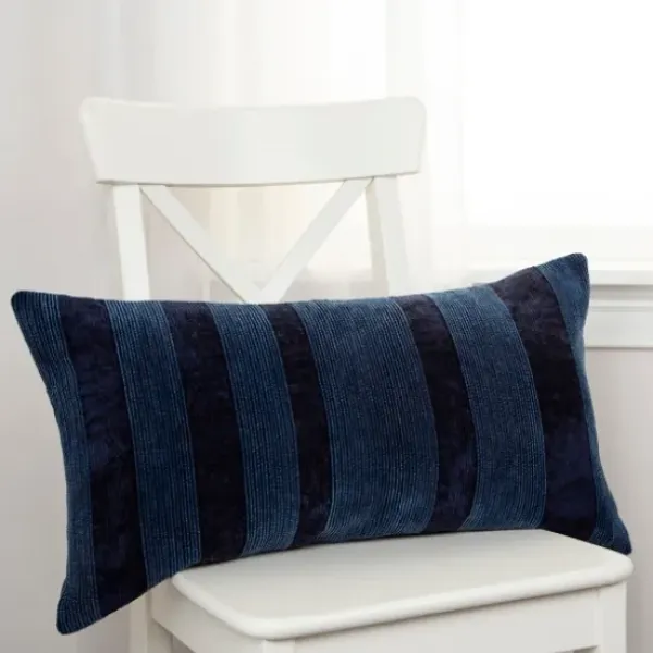 Pillows-Kirkland's Home Velvet Navy Monochrome Stripe Lumbar Pillow Blue