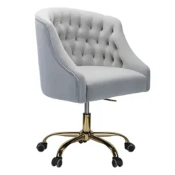 Office Furniture-Kirkland's Home Velvet Tufted Gold Leg Swivel Office Chair Gray