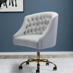 Office Furniture-Kirkland's Home Velvet Tufted Gold Leg Swivel Office Chair Gray