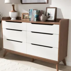 Dressers & Chests-Kirkland's Home Walnut And White Mid-Century Modern Dresser