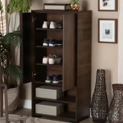 Entryway Furniture-Kirkland's Home Walnut Asymmetrical Shoe Storage Cabinet Brown