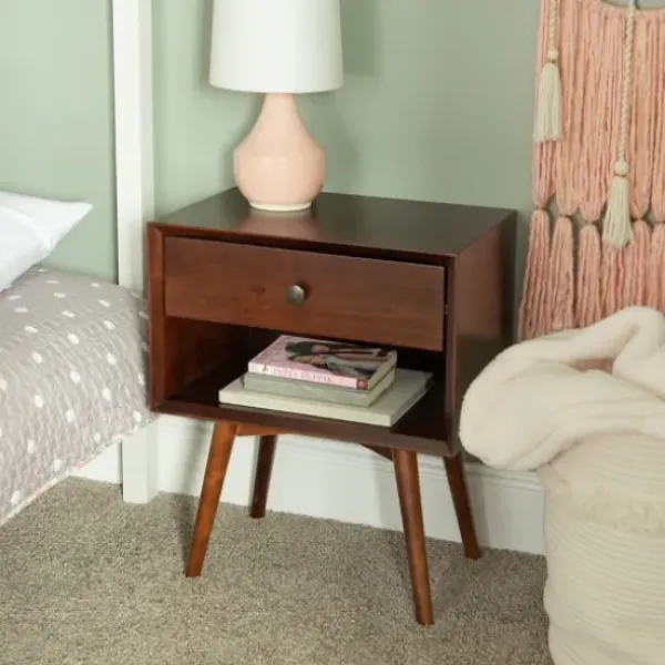 Nightstands-Kirkland's Home Walnut 1-Drawer Mid Century Nightstand Brown