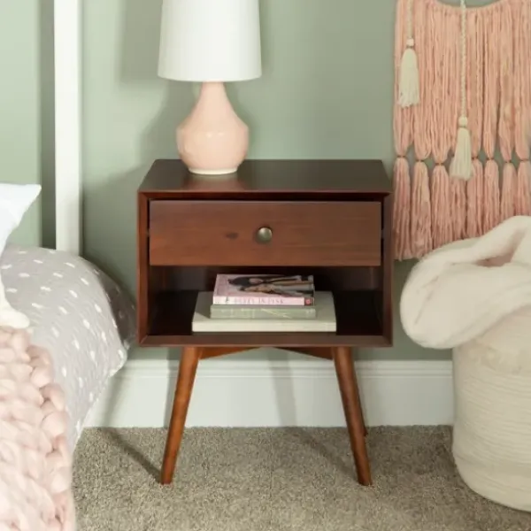 Nightstands-Kirkland's Home Walnut 1-Drawer Mid Century Nightstand Brown