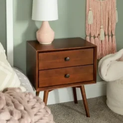 Nightstands-Kirkland's Home Walnut 2-Drawer Mid-Century Modern Nightstand Brown