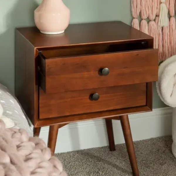 Nightstands-Kirkland's Home Walnut 2-Drawer Mid-Century Modern Nightstand Brown