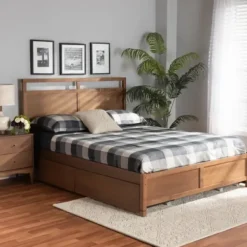 Beds & Headboards-Kirkland's Home Walnut 4-Drawer Queen Bed Frame With Headboard Brown