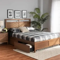 Beds & Headboards-Kirkland's Home Walnut 4-Drawer Queen Bed Frame With Headboard Brown