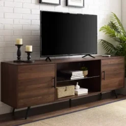 Tv Stands & Media Consoles-Kirkland's Home Walnut Mid-Century Modern Glass Shelf Tv Stand Brown