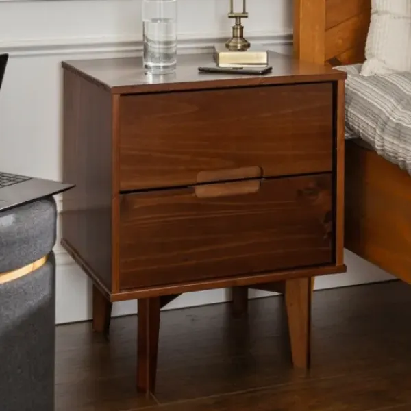 Nightstands-Kirkland's Home Walnut Mid-Century Modern 2-Drawer Nightstand Brown