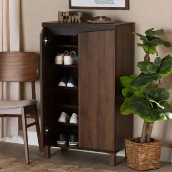 Entryway Furniture-Kirkland's Home Walnut Slim Shoe Storage Cabinet Brown